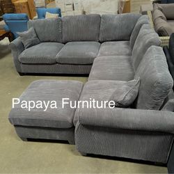 New! Plush Sectional Sofa And Ottoman, Grey Sofa, Grey Couch, Grey Sectional Couch, Sofas, Sectionals, Sectional Couch, Gray Sectional,Corduroy Couch