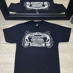 Y2K 2000s Double Flaming Skull Harley Davidson SpellOut Logo Shirt 