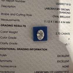2.70 Carat F VS1 Oval Diamond Loose Stone For Engagement Ring Lab Grown 