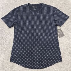 BYLT Shirt Mens Large Blue Micro Dots Drop Cut Short Sleeve V-Neck Lux New
