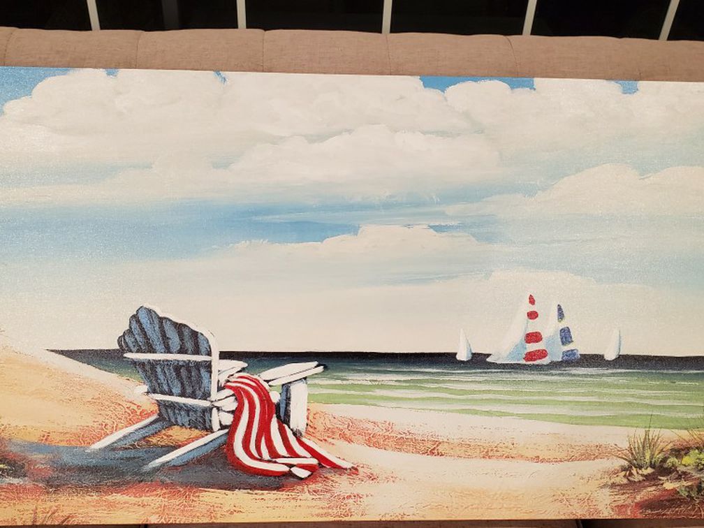Large Beach Canvas Picture Of Chair And Sailboat