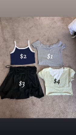 girls clothes. they all fit like a small, fashion nova, brandy melville, tilly’s. black skirt, green low cut top, blue crop top & gray ruffled top. pr