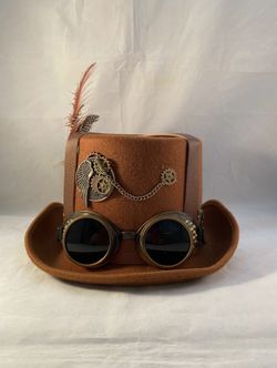 Brown steam punk top hat, goggles, feather men’s Halloween accessory costume