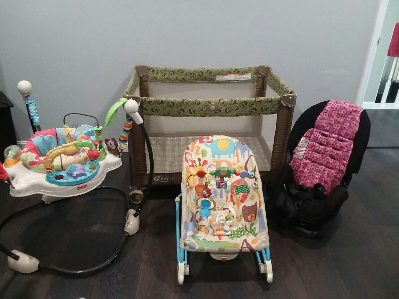 Graco pack N play, Fisher price JUMP for lights bouncer, calming vibrations rocker. Car seat
