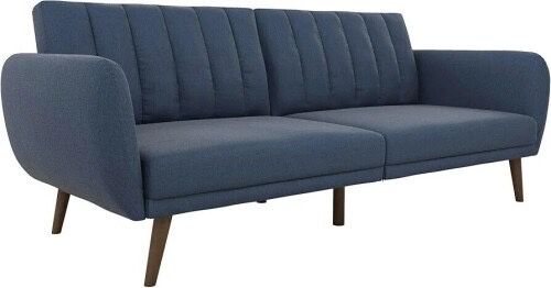 NOVOGRATZ BRITTANY SOFA FUTON, PREMIUM LINEN UPHOLSTERY AND WOODEN LEGS, BLUE LINEN, NEW IN BOX