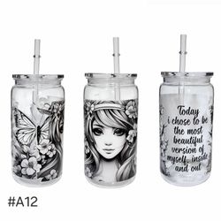 Butterfly Floral Inspiring Words Acrylic Plastic Tumbler Cup 16oz White Black