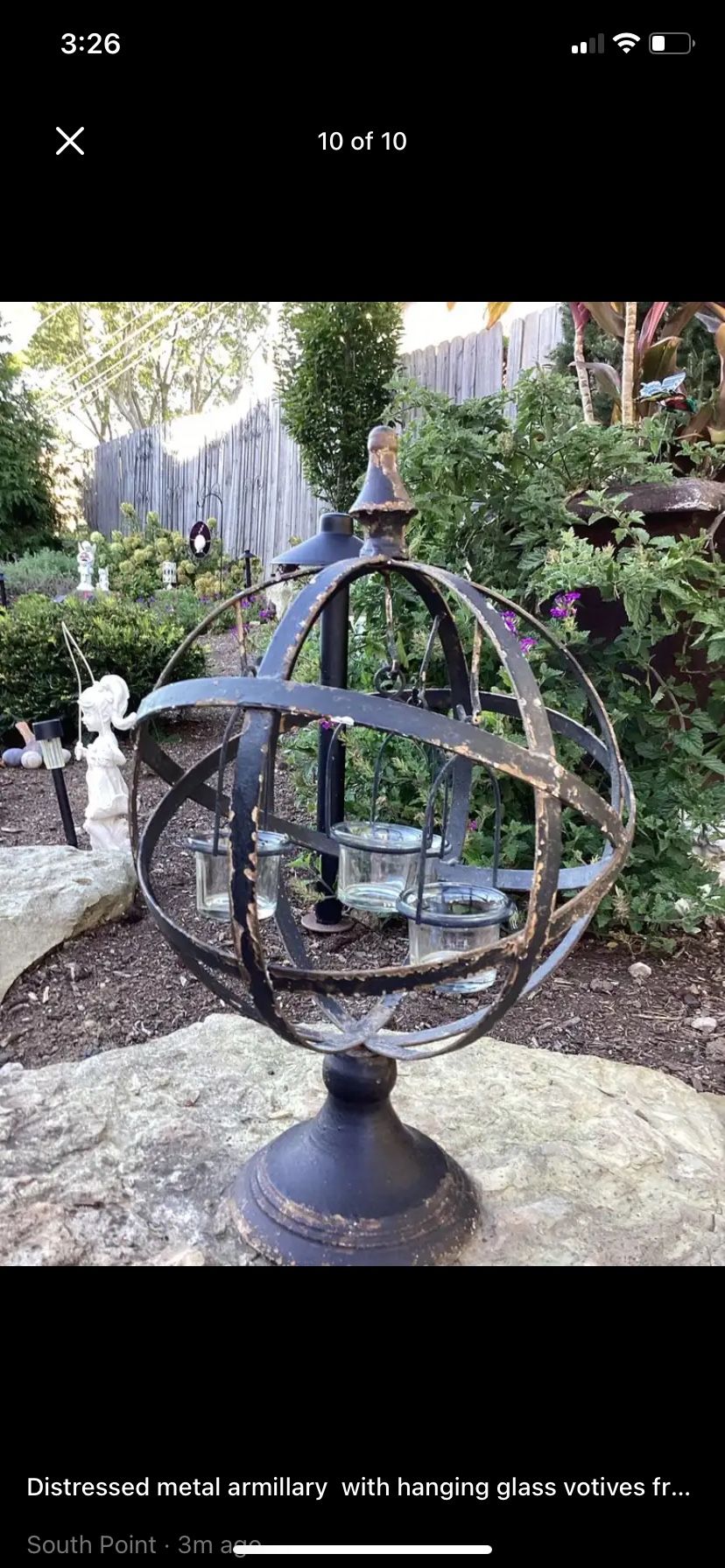($71 Tag) Distressed Metal Armillary With Hanging Glass Votives From QUEEN BEE 19”T X 12” W