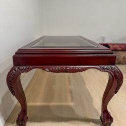 Hand-Carved Mahogany Coffee Table with Glass Inset 