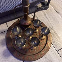 8 Pc ETCHED BRASS ENAMEL DALLAH TEA COFFEE POT W/TRAY & 6 CUP SET