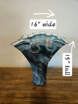 Large Blue and Black Marbled Hand Blown Glass Ruffled Vase