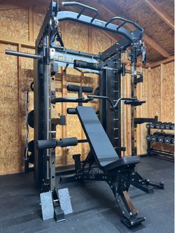 Smith Machine, Pulley System, Power Rack, Rubber Weights, Dumbbells