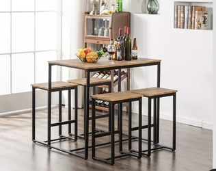 5 Piece Metal Dining Table Set W/ 4 Chair Wood Top Dining Room Furniture Popular