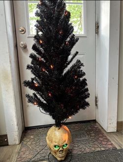 Orange Pre-lit Halloween Tree With Lighted Skull Base 48"