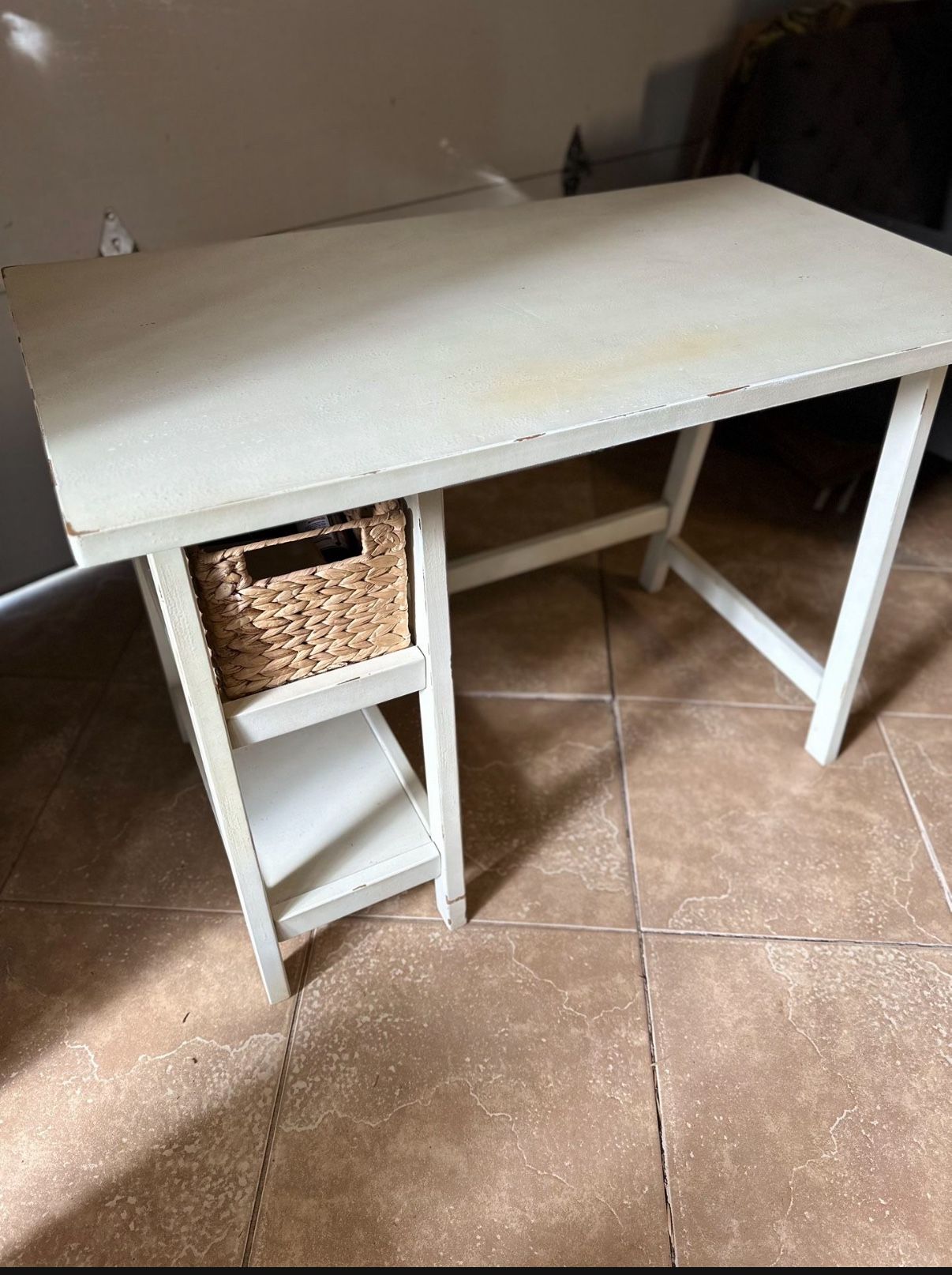 Vintage White Wood Desk with Basket Storage