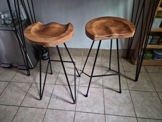 Set of 2 Wood Seat Bar Stools with Metal Legs