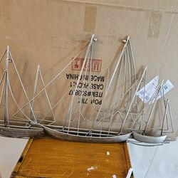 Ocean Vibes 3 Sailboats In Ocean Metal With Brushed Silver Tones GREAT COASTAL LOOK NEW IN BOX  Pd 120 39 W 29 H 40.00 Obo