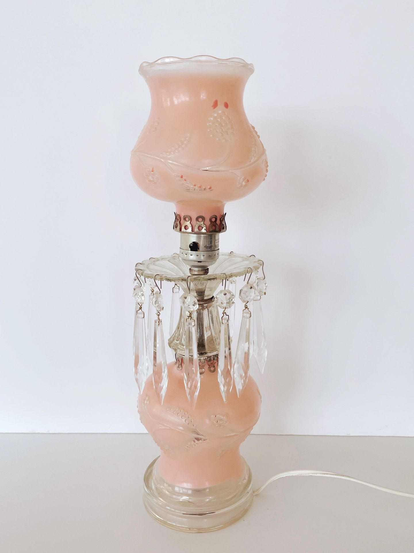 Vintage MCM 1940s Frosted Pink Glass Boudoir Lamp with Prisms