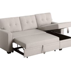 82" L-Shape Reversible Sleeper, Pull Out Bed, Storage Chaise and Arms, Corner Couch for Apartment, Dorm, Living Room