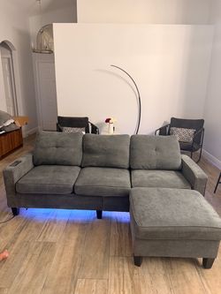 Modern 3-Seater Charcoal Gray Couch with Storage Ottoman & Smart LED Control Panel (Davenport)