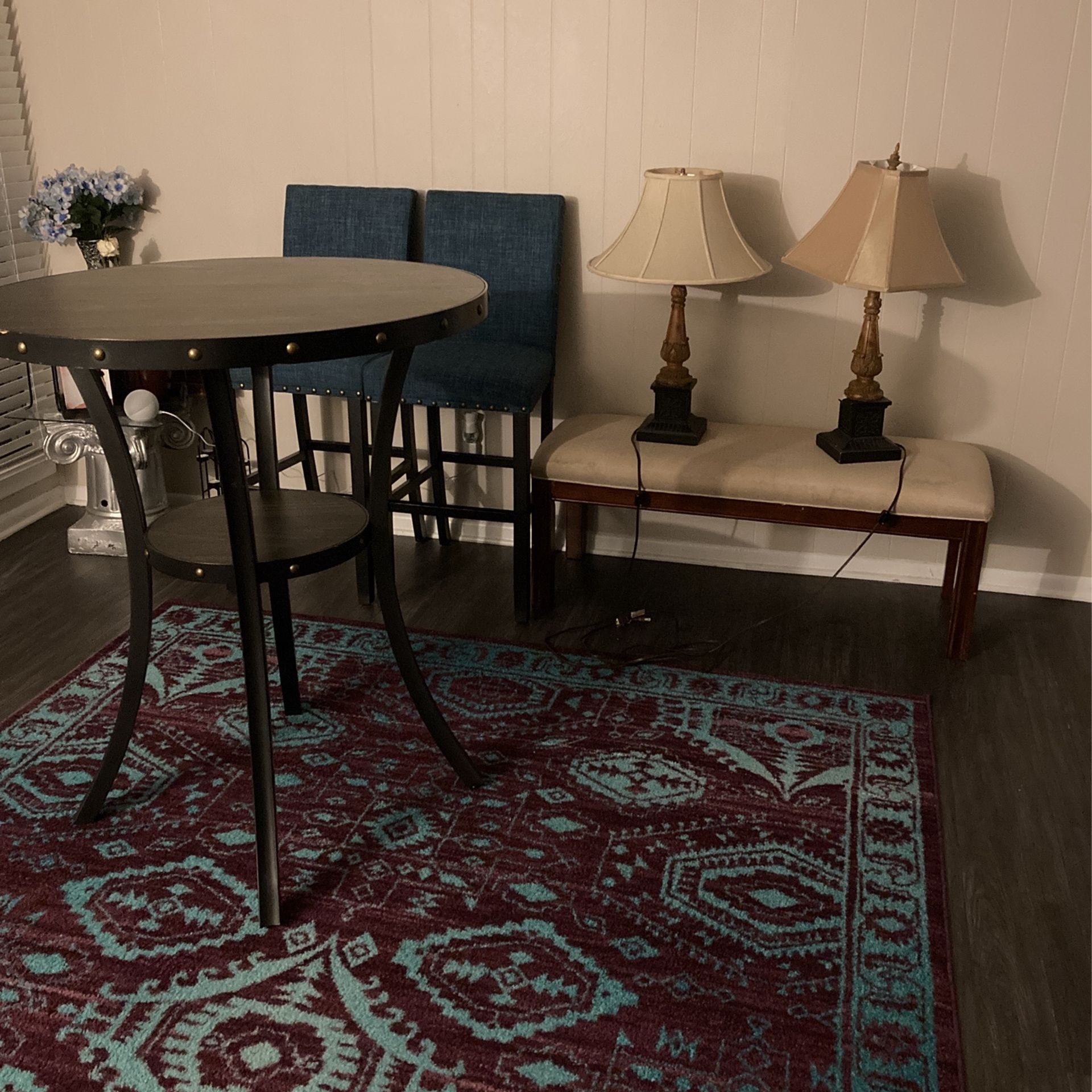 Tall Dining Table And Ottoman And Lamps