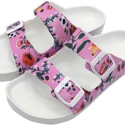 Funkymonkey Womens Fuxia Flower Slides Double Buckle Adjustable Flat Sandals 10M