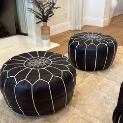 Pair of Black Moroccan Leather Poufs – Hand-Stitched