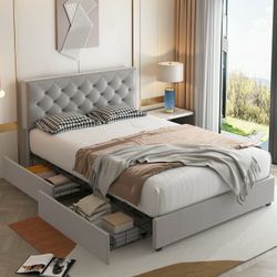 Queen Size Bed with 4 Storage Drawers, Modern Platform Bed Frame, Velvet Adjustable Upholstered Headboard with Button Tufted, Gray
