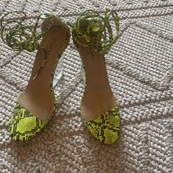 Simmi Nelly Neon Yellow Snake Clear Lace Up Wedges
