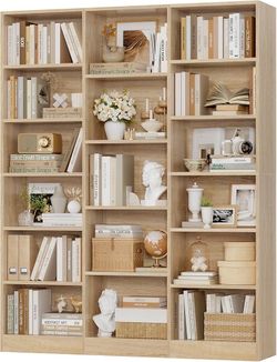 Triple Wide Bookshelf, 6 Tier Large Bookshelf, Bookcase with 17 Open Display Shelves, 74'' Tall Bookcases and Bookshelves for Living Room, Home Office