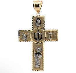 14k Two Toned White Yellow Gold All Saints Cross Saint Jude, Virgin Mary, Michael Archangel Jesus Pendant Charm Necklace GP3111064