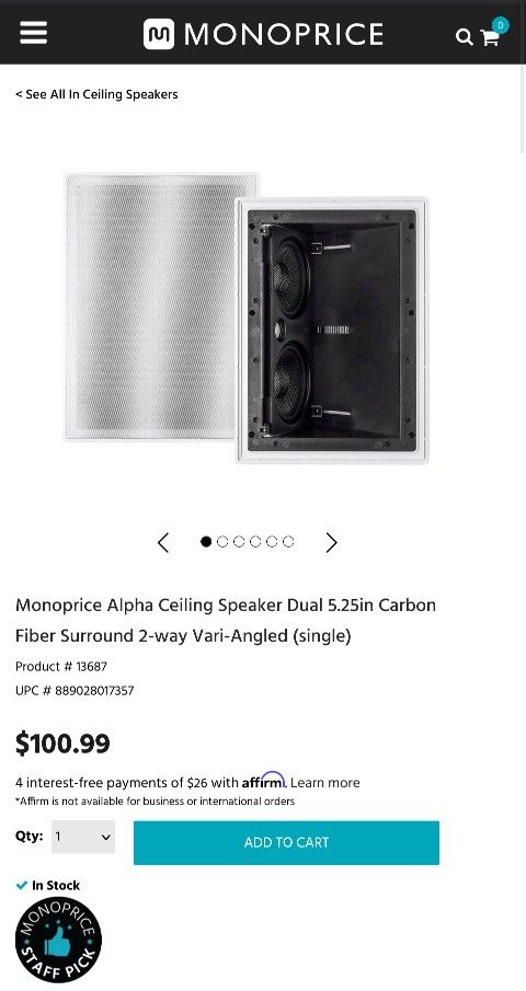 NEW Monoprice Alpha Ceiling or In-Wall (Pair)