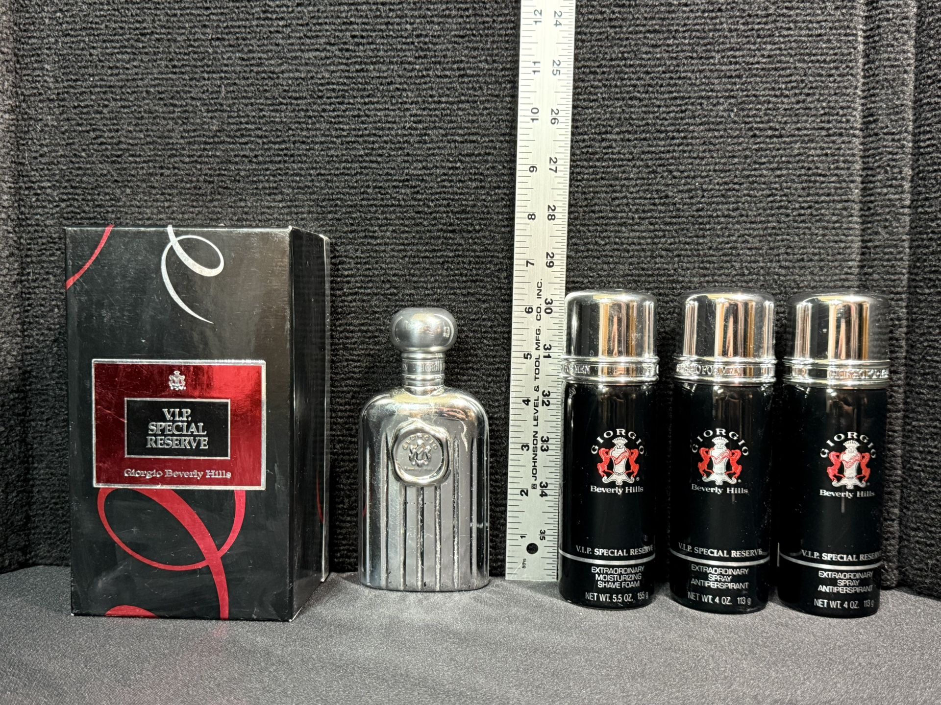 Giorgio Beverly Hills Vintage Empty Chrome Cologne Bottle w/ Box & Shaving Foam