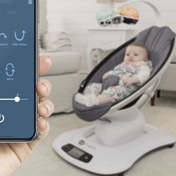 4moms mamaRoo 4 Multi-Motion Baby Swing + Safety Strap Fastener, Bluetooth Baby Swing with 5 Unique Motions, Nylon Fabric, Grey