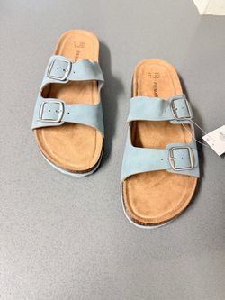 Light blue double buckle slide sandals comfortable cork footbed size 10