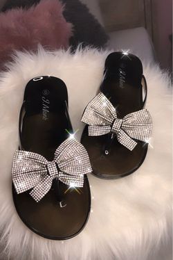 Black Flip Flops with Rhinestone Bow