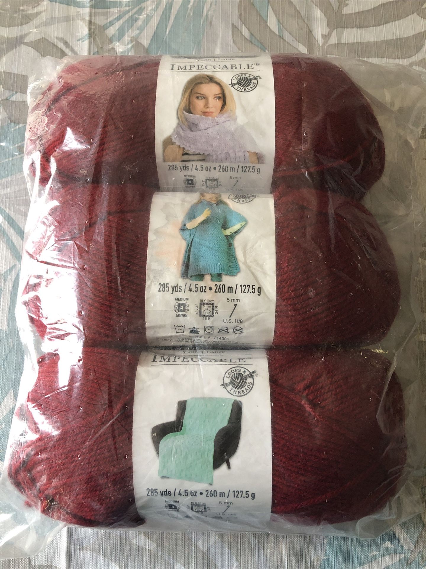 Loops & Threads Impeccable Yarn, Bordeaux Clair - 3 Skeins, NEW