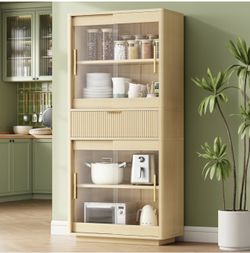 Brand New In The Box- IRONCK Tall Kitchen Pantry Storage Cabinet with Sliding Glass Doors & Drawer, 69" Wooded Bookcase with Adjustable Shelve, Displa