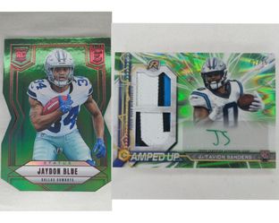 2024 Jaydon Blue Donruss Elite Status Green Die-Cut Rookie 4/9 + 2024 Ja'Tavion Sanders Topps Resurgence Amped Up Lime RPA 02/15