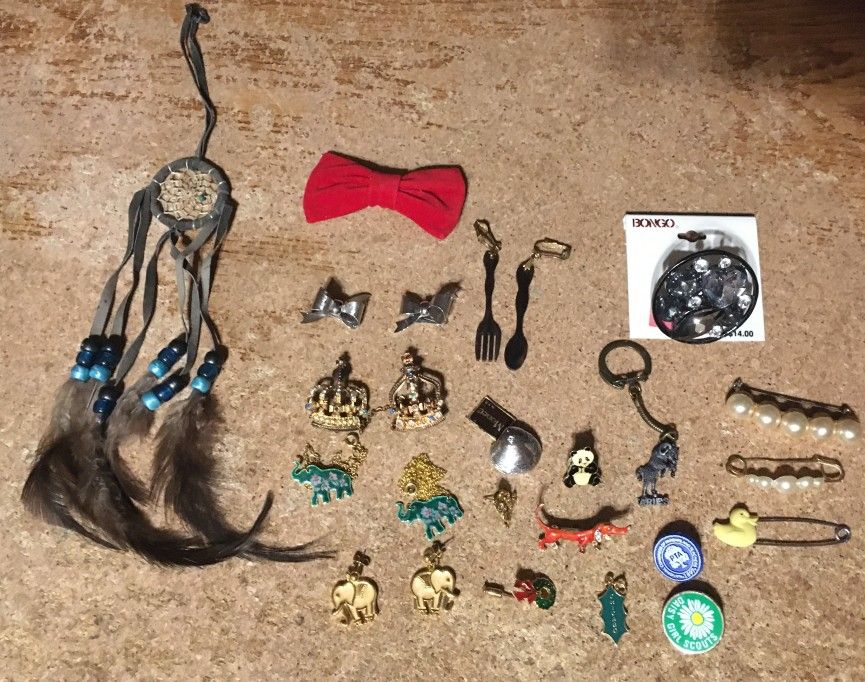 Lot Of Jewelry Pens Earrings Bongo Ring Elephant Dog Panda Bear Girl Scouts PTA Pins