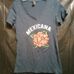 Blue V - Neck T - Shirt = Features A Graphic Of A Rose With The Word " Mexicana" Above It.  Medium.