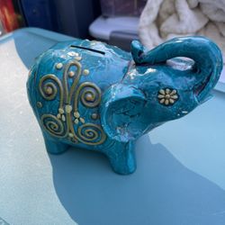 Fitz & Floyd Vintage Teal Elephant Piggy Bank / Figurine