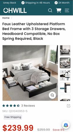Queen sized Faux Leather Upholstered Platform Bed Frame with 3 Storage Drawers, Headboard Compatible, No Box Spring Required, Black