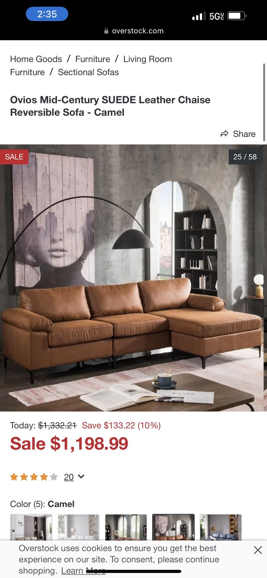 Ovios Mid-Century SUEDE Leather Chaise Reversible Sofa - Camel