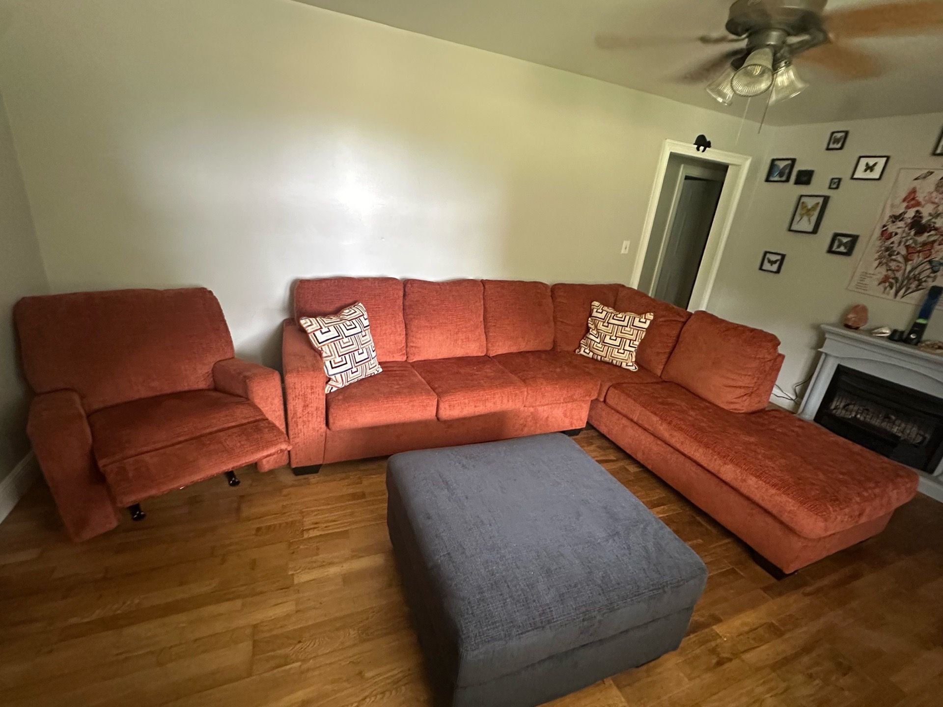Brand new Sectional, recliner and hassock set