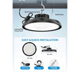 YAHOLUMIN 150W UFO LED High Bay Light, which is an industrial-grade lighting fixture typically used for high-ceiling environments like warehouses, wor