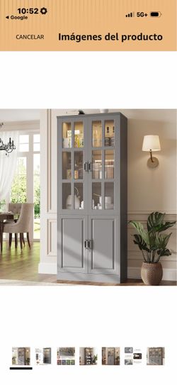 Kitchen office storage cabinet with LED lights, 78.7 inches tall with glass doors and drawers, freestanding cabinet, gray (31.5 inches wide x 15.7 inc