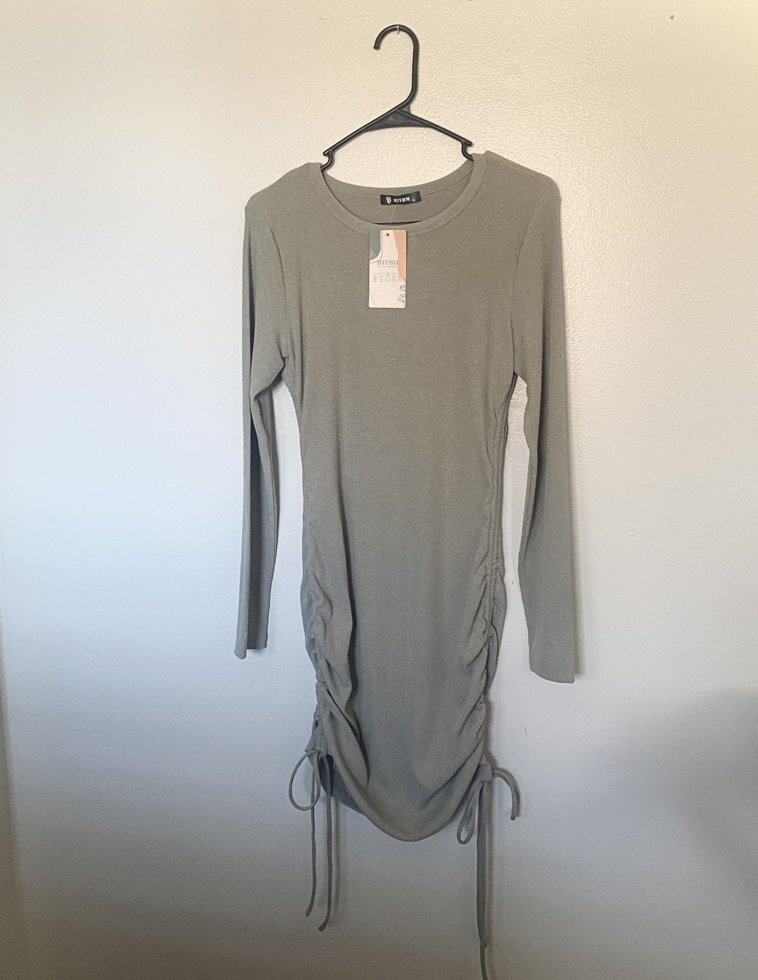 Long Sleeve Ruched Bodycon Drawstring Dress