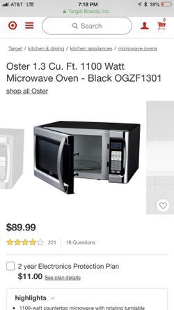 Oster 1.3 Cu. Ft. 1100 Watt Microwave Oven Black OGZF1301 for