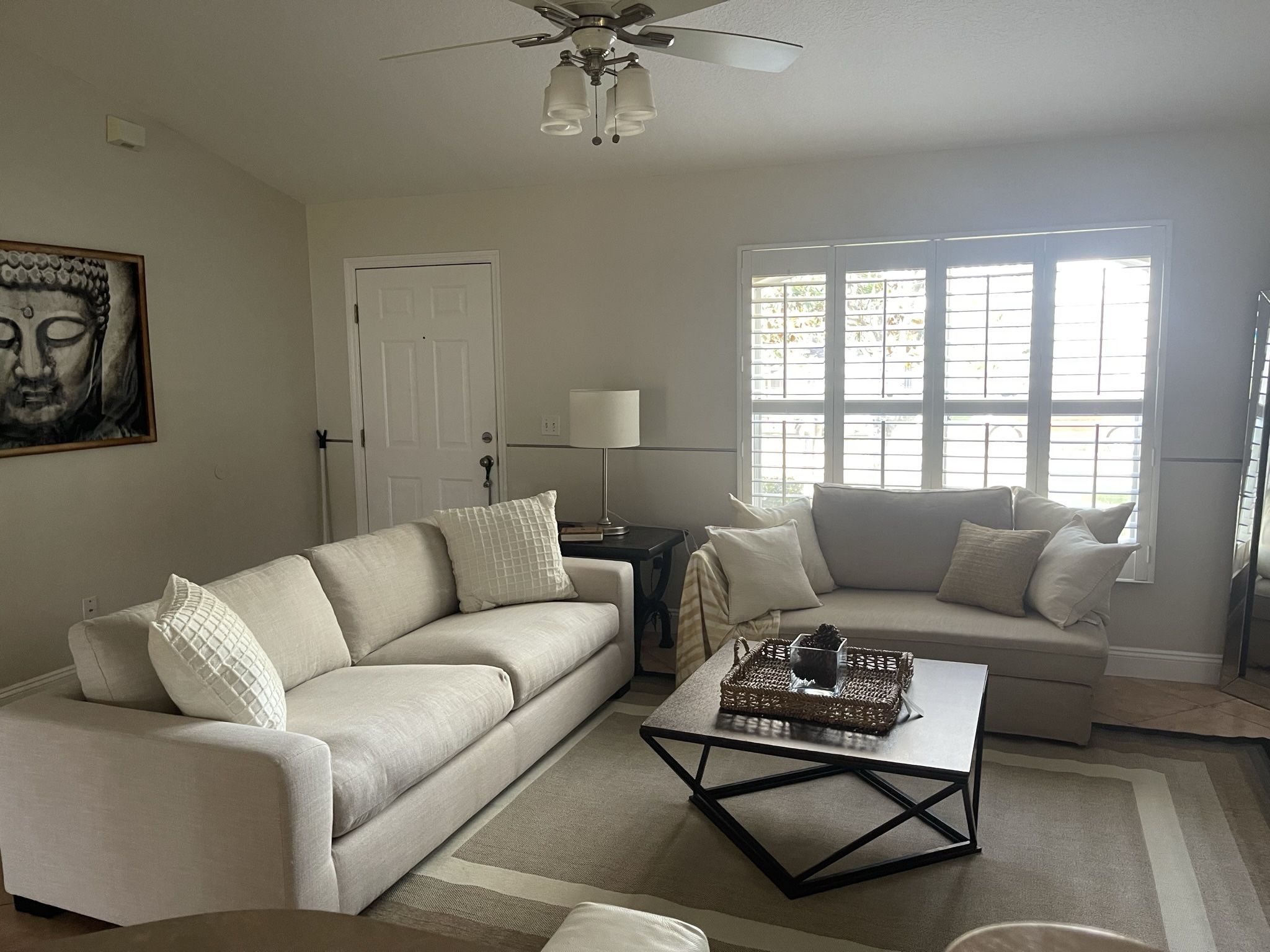 Furniture: Dining set, Leather sofa, IKEA shelf/divider, Cocktail & End tables, Dresser