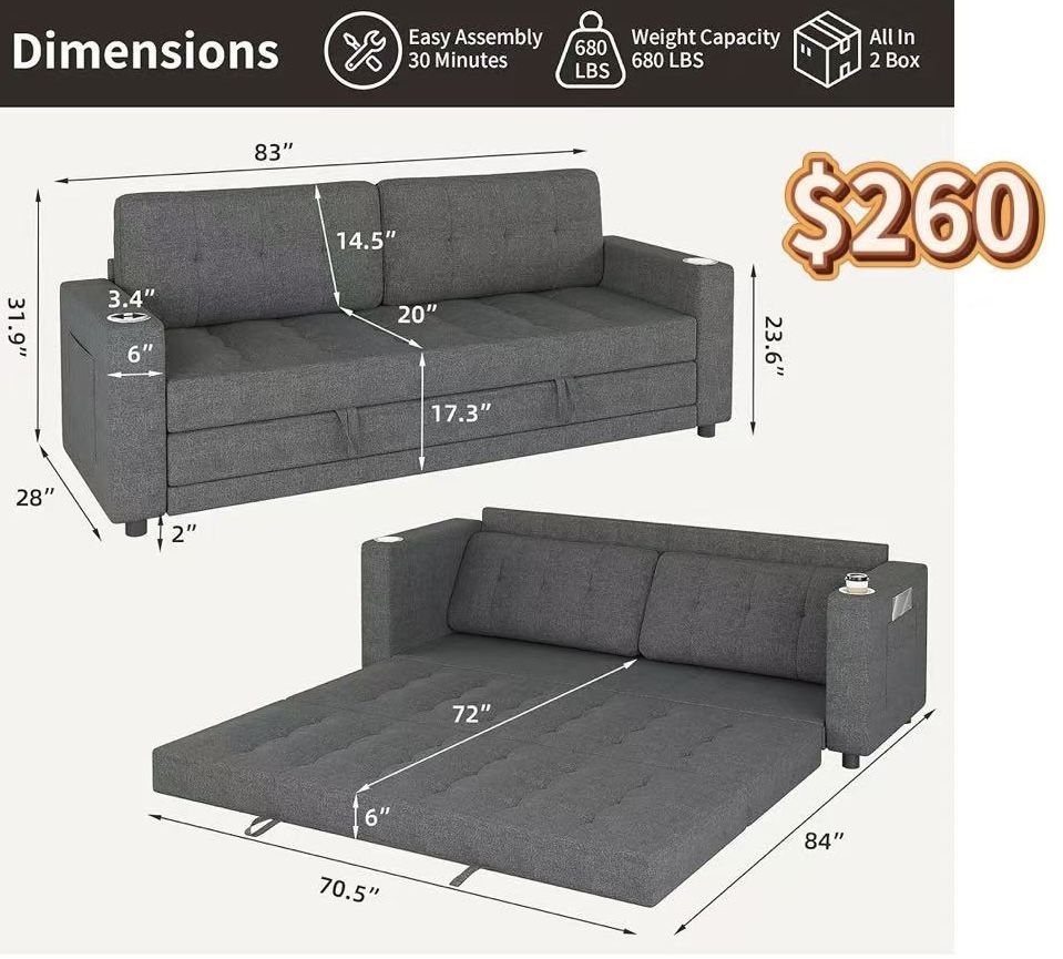😀 64" W 84" L Queen Size Futon Sofa Bed, 6" Thick Upholstery Chenille Loveseat Sofa Sleeper Pull Out Couch,Convertible Floor Couch for Living Room